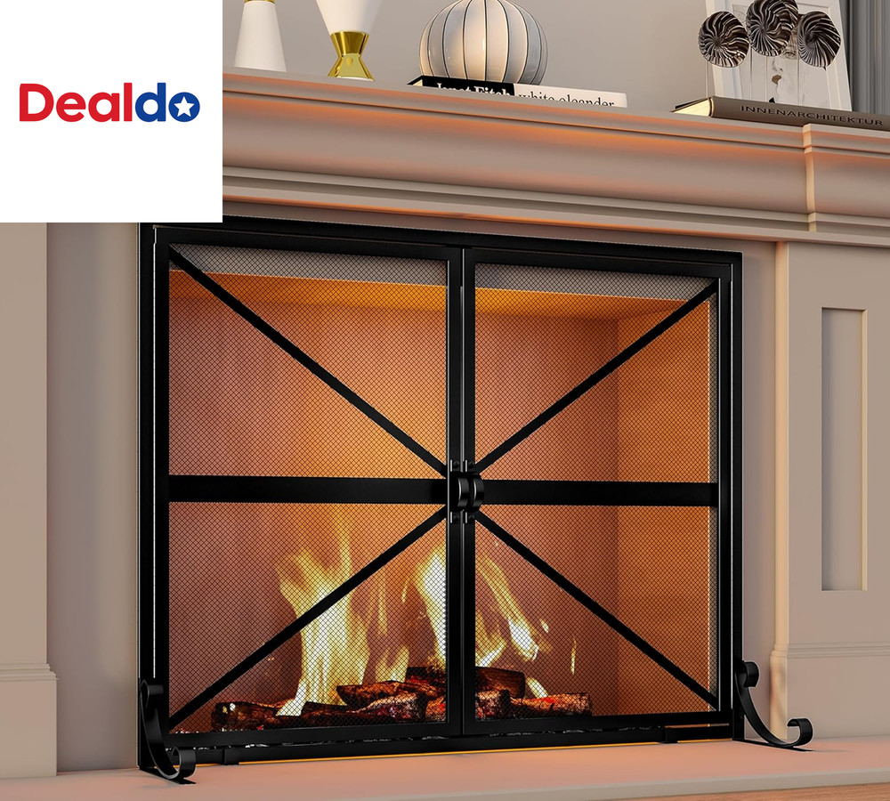 Fireplace Screen with Doors, 2-Pannel Handcrafted Solid Wrought Iron Decorative