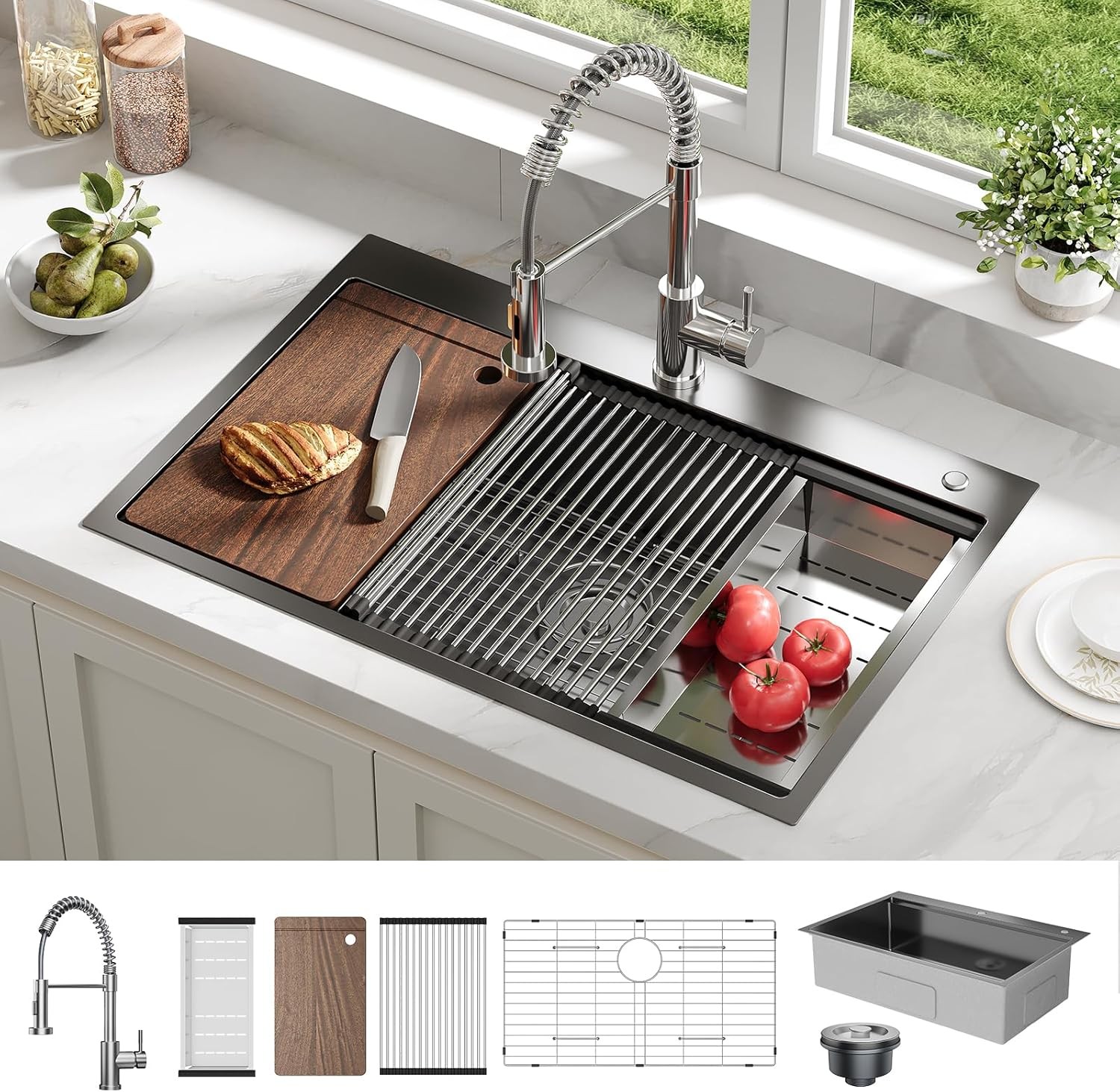 33"x22"x9" Drop in Kitchen Sink with Pull Down Spring Faucet, Single Bowl Sink