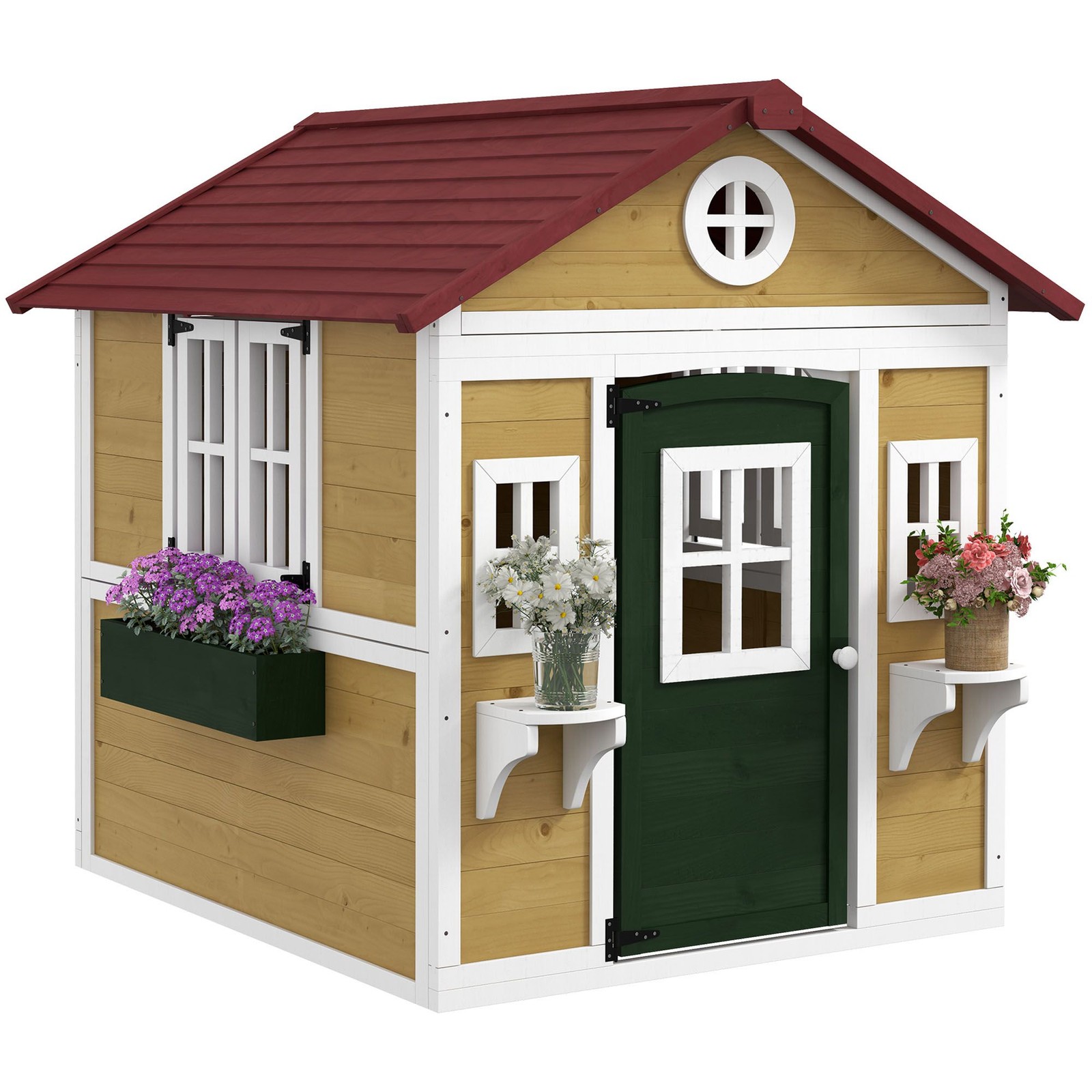 Outsunny Wooden Playhouse for Kids Outdoor, Doors, Windows, Planter Pots, Beige,