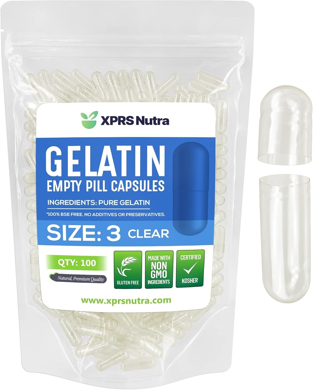 Size 3 Clear Empty Gelatin Pill Capsules Kosher Gel Caps Gluten-Free USA Made