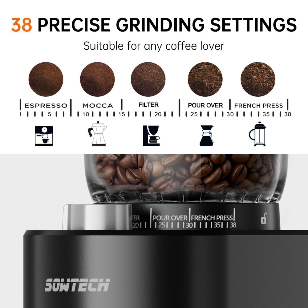 Conical Burr Coffee Grinder, Adjustable Mill, 38 Precise Grind Settings, Prec...
