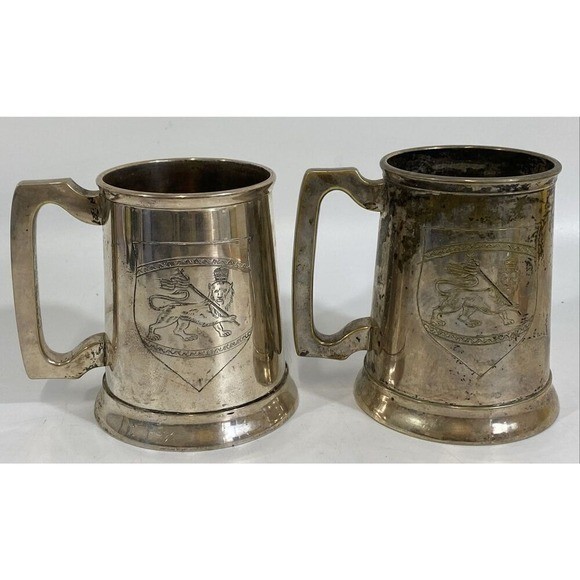 Vtg English Silver Plated Heraldic Lion Crest Tankard Beer Mug Steins Set of 2
