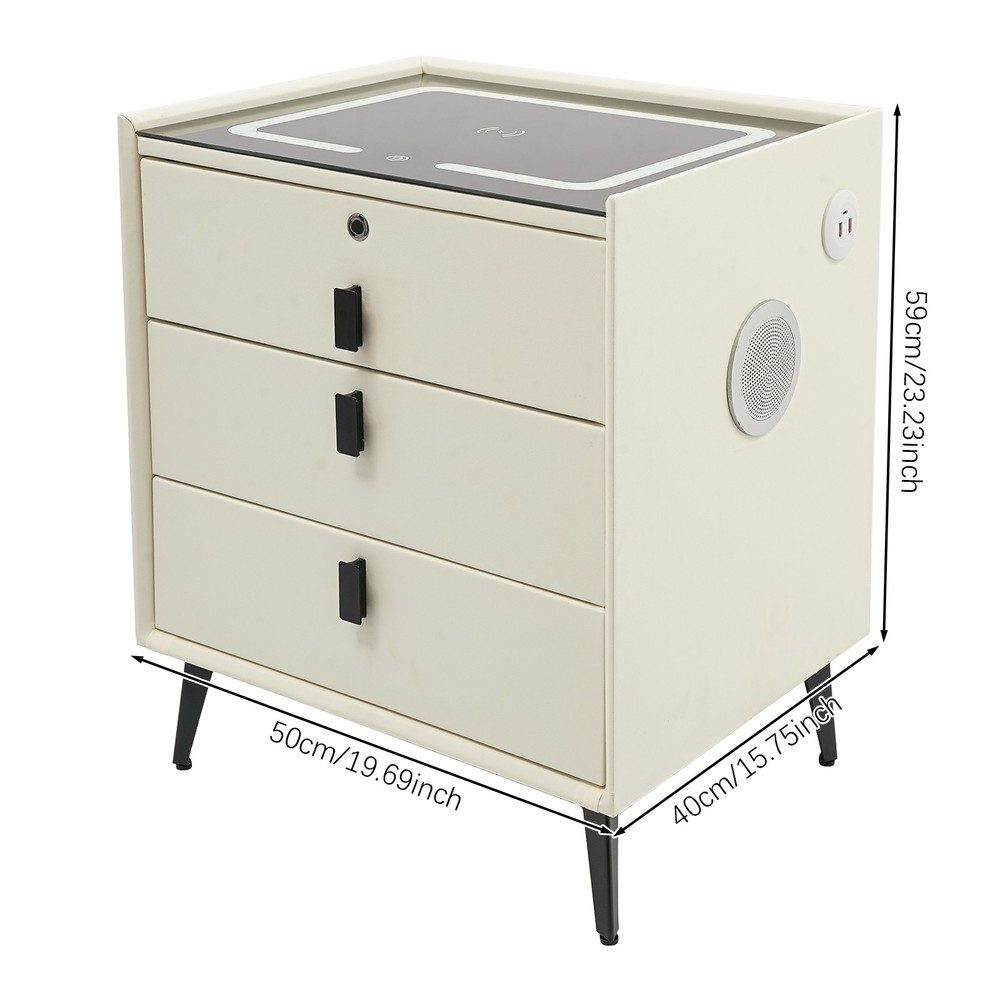 Bluetooth Nightstand Fingerprint Locking Drawer Wireless Charging 3 Color LED