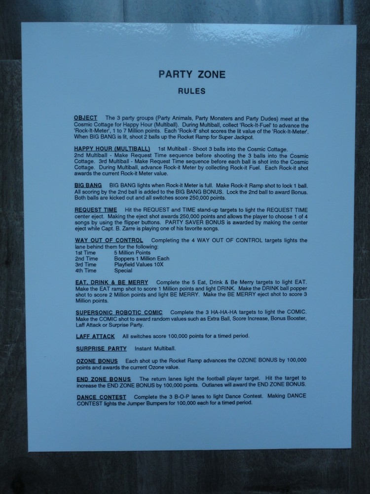 Party Zone Pinball Machine Rules & Shot Map Mint