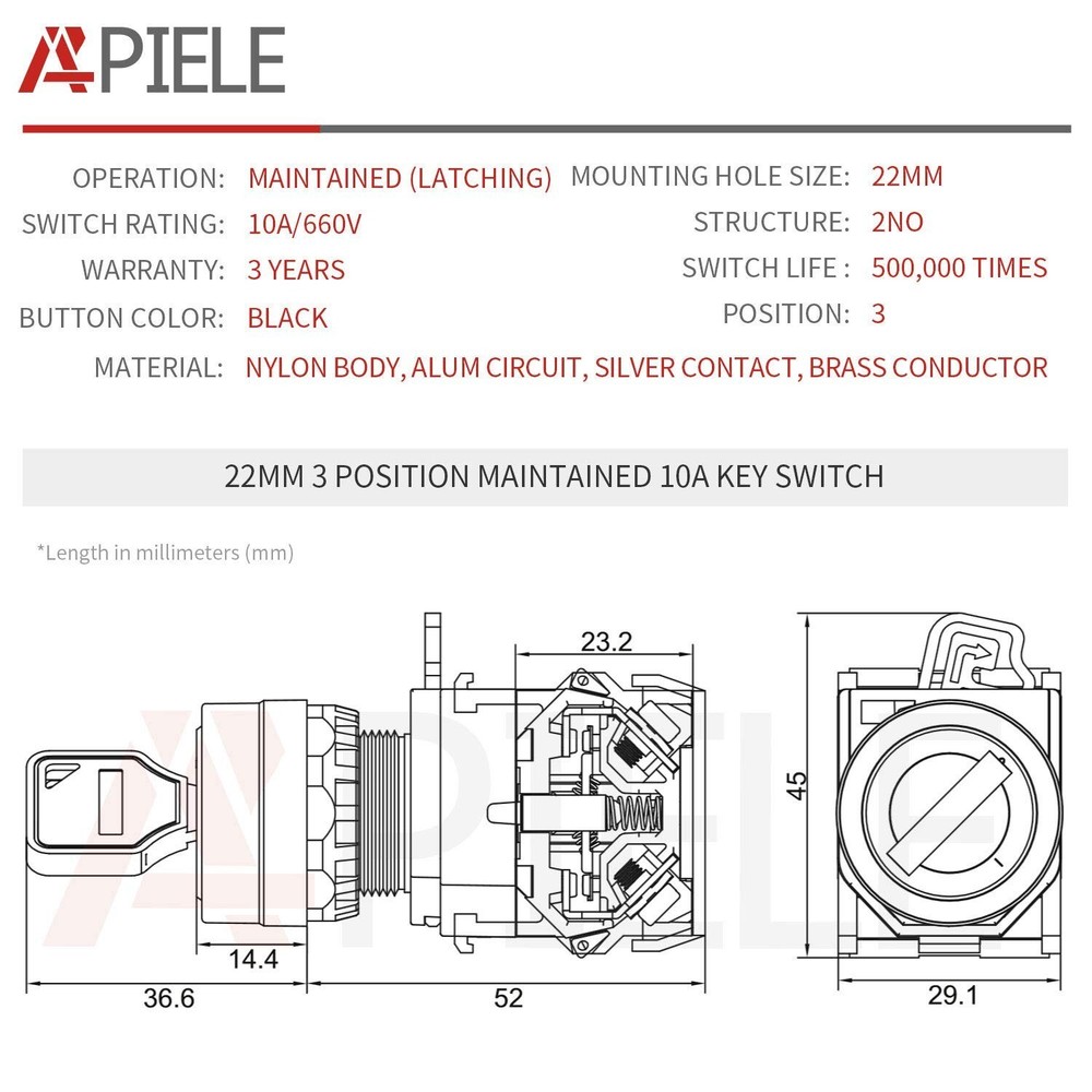 APIELE 22mm Key Switch 440V 10A 2NO Maintained (3 position, Latching)