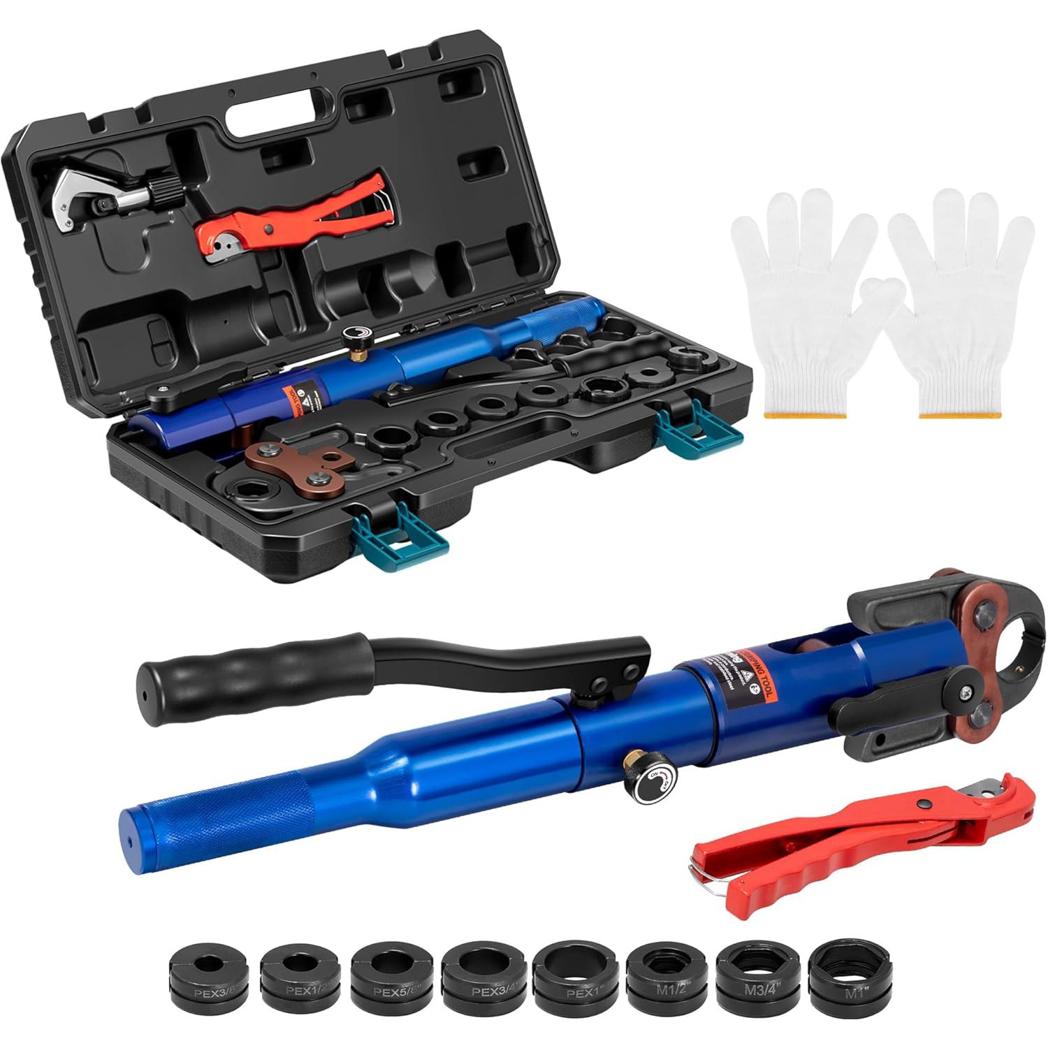 Hydraulic Pipe Crimping Tool w/ 1/2" 3/4" 1" Die Set Copper Tube Fittings Press