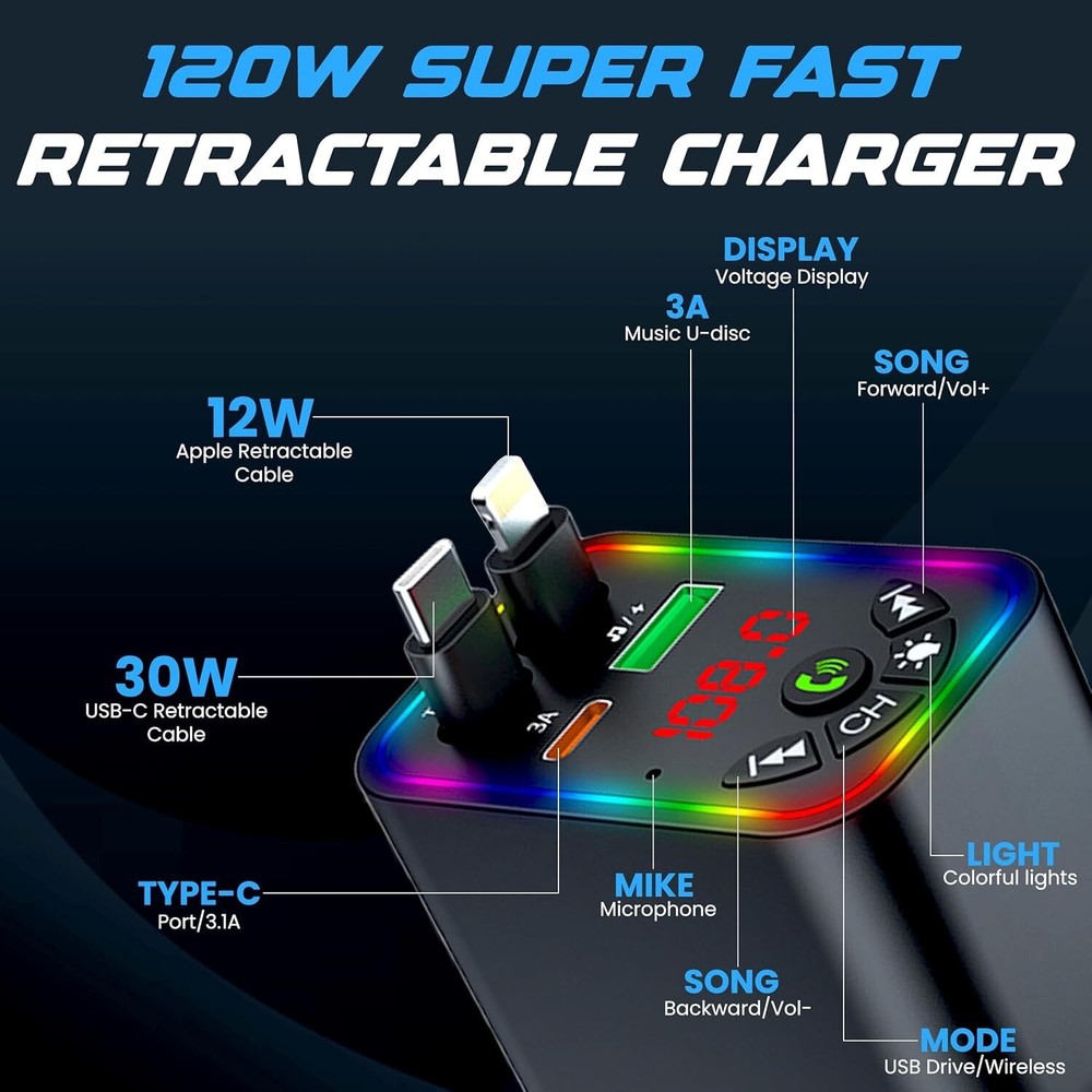 Bluetooth 5.3 Car FM Transmitter with Hands-Free Calling, Noise Canceling