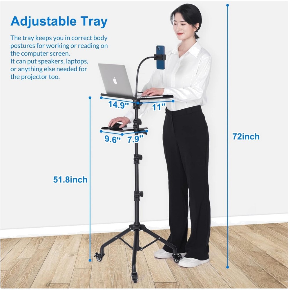 Portable Laptop Stand with Rolling Wheels, Adjustable Height