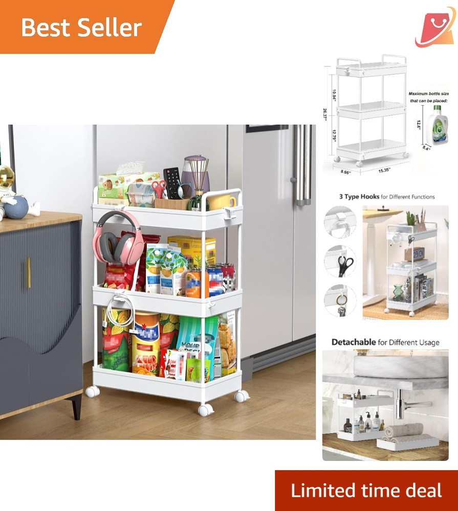 3 Tier Plastic Rolling Storage Cart with Wheels for Bathroom Kitchen Laundry