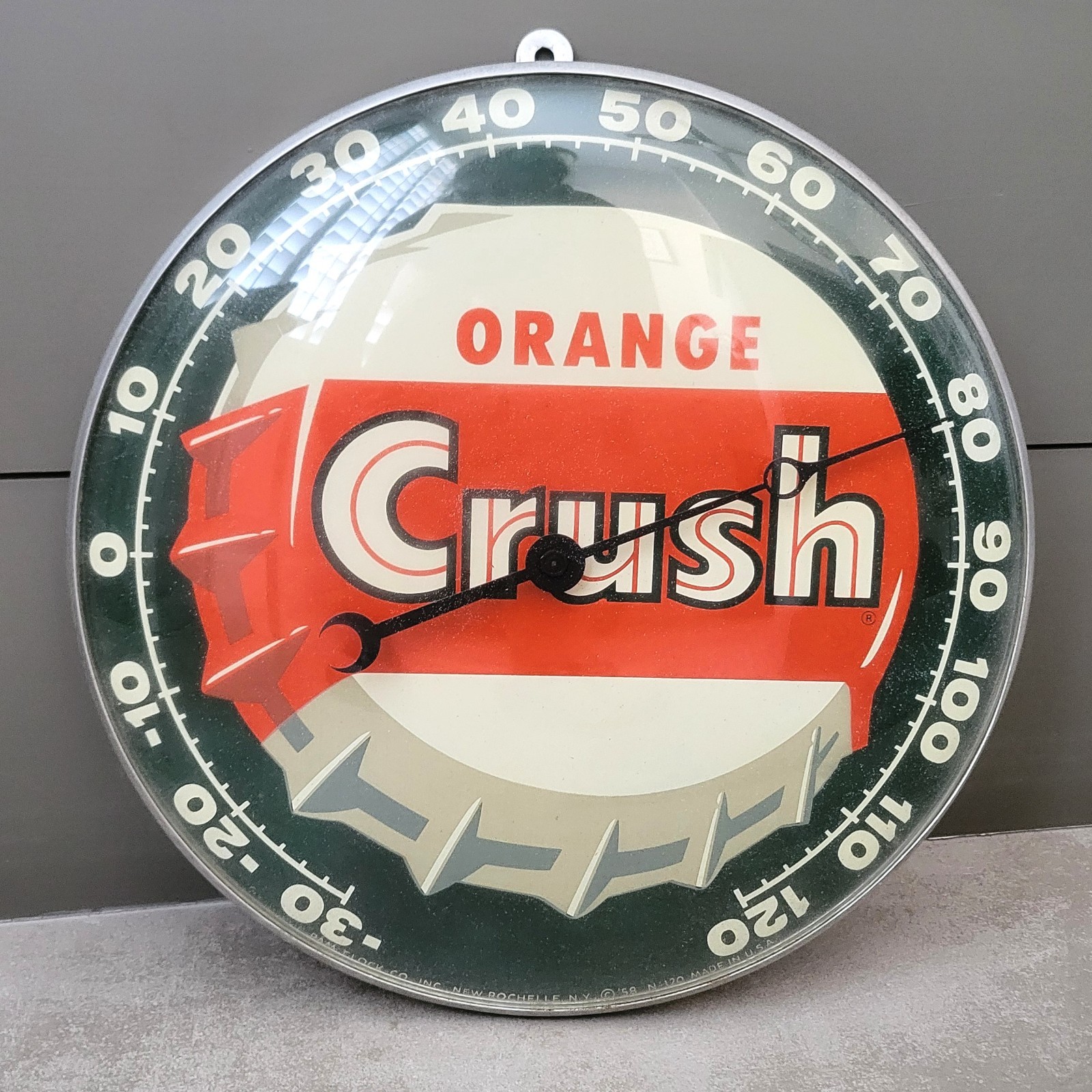 Vintage 58 Orange Crush Thermometer Pam Clock Round Sign Glass Cover Advertising