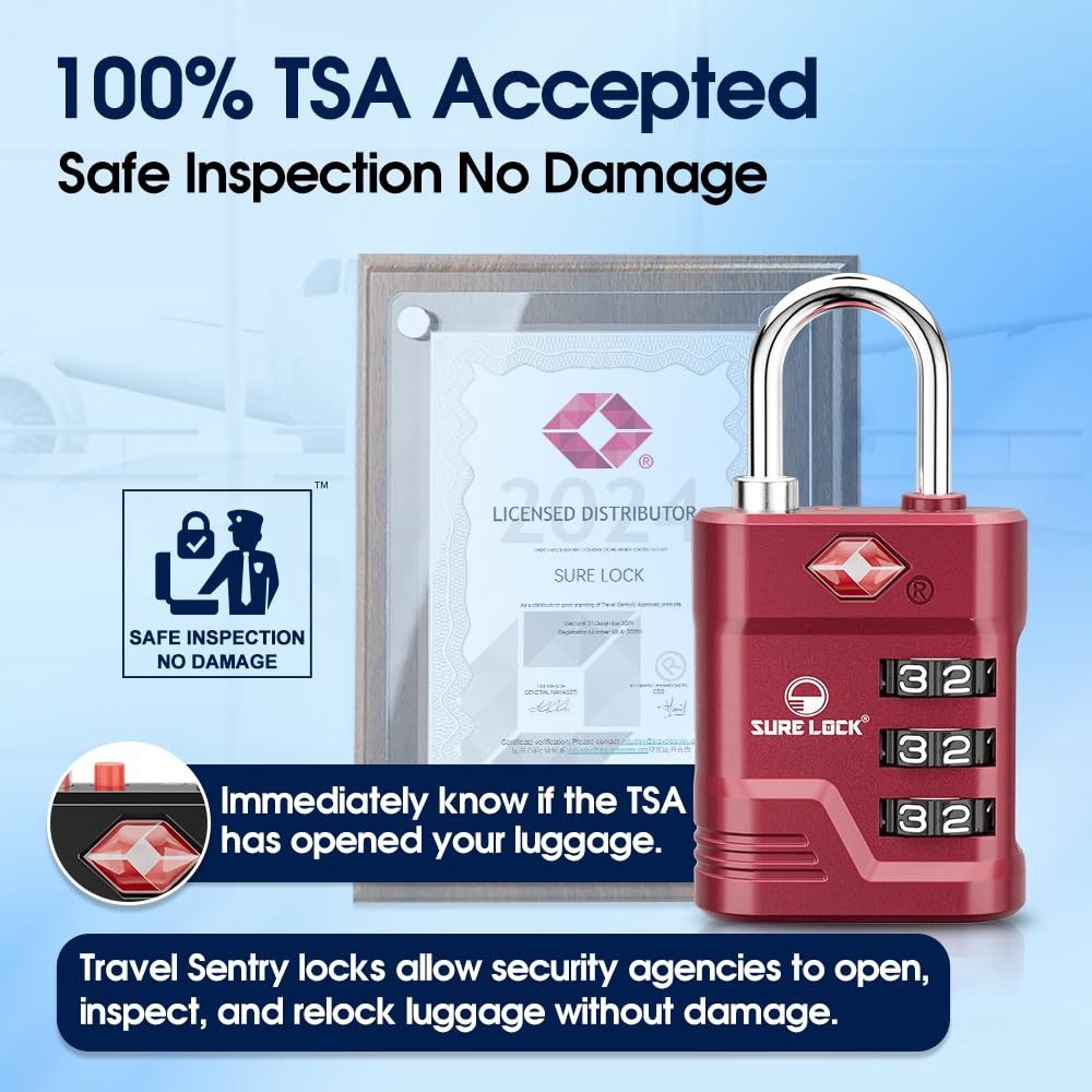 TSA Approved Luggage Lock – 3-Digit Resettable Combination Padlock with Open ...