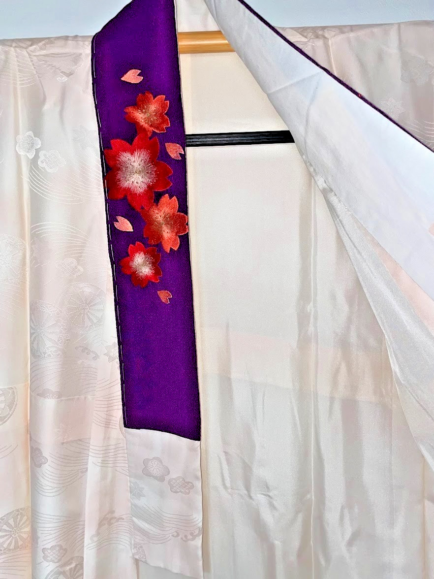 Vintage Silk Nagajuban For Furisode S 25.2in Yuki Japan Pink Sakura Kanoko