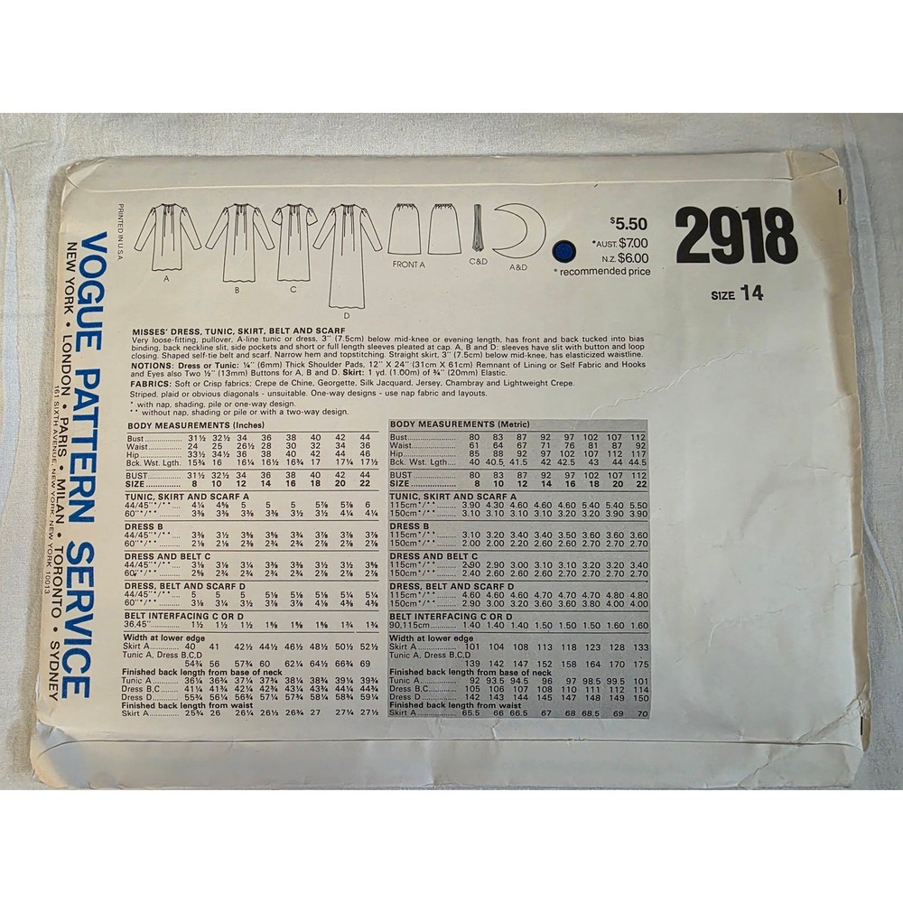 Vogue Basic Design Pattern 2918 Size 14 New in Packet