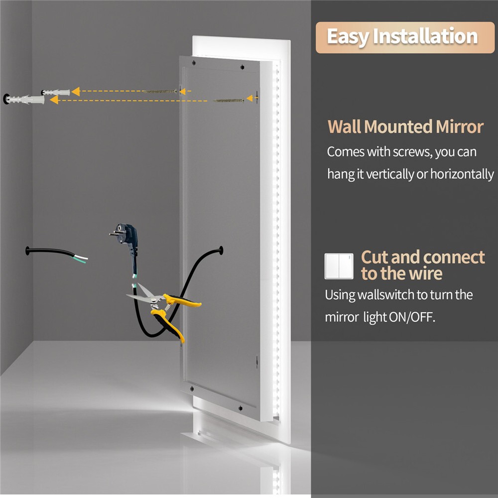 LED Bathroom Mirror Wall-Mounted Vanity Mirror Dimmable Anti-Fog Memory Function