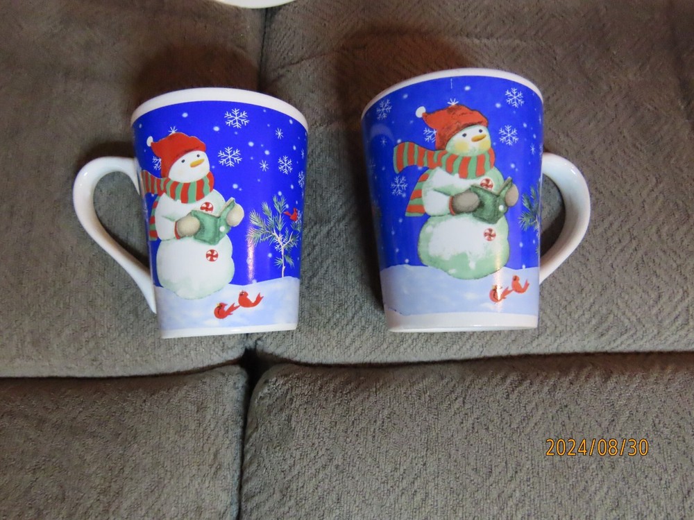 Set (6) Studio 33 7 Inch Snowman Dessert Plates and Mugs - 3 Diff Patterns