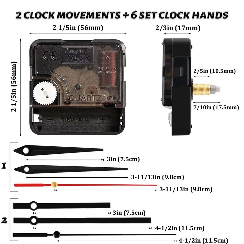 2 Non Ticking Clock Movements with 6 Pack Different Size Clock Hands DIY Repa...
