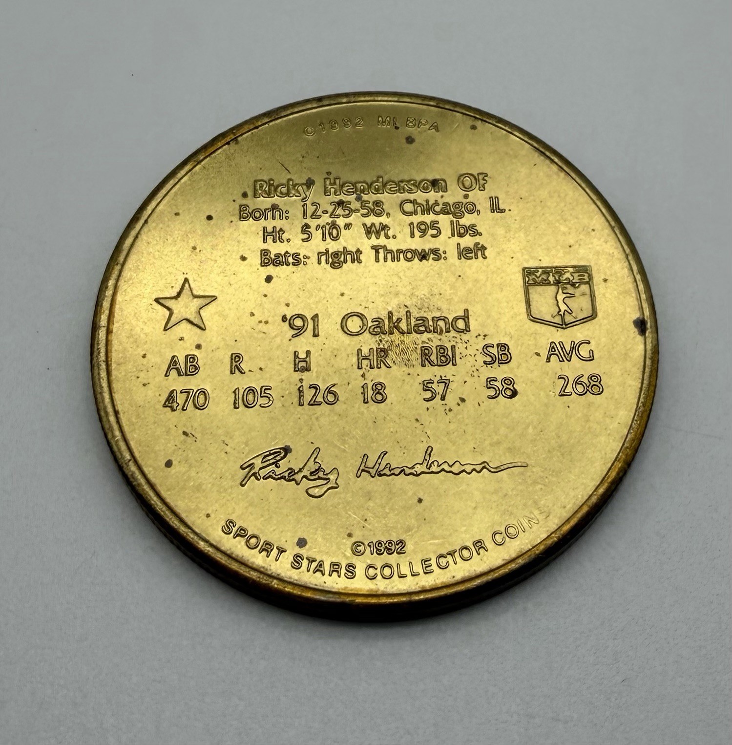 Rickey Henderson 1992 Sport Stars MLB Brass Collector Coin All Time Great