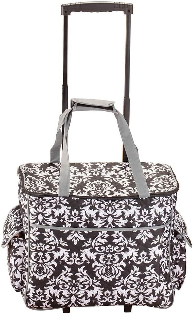 Rolling Sewing Machine Tote with 6 Storage Pockets - Damask (Large)