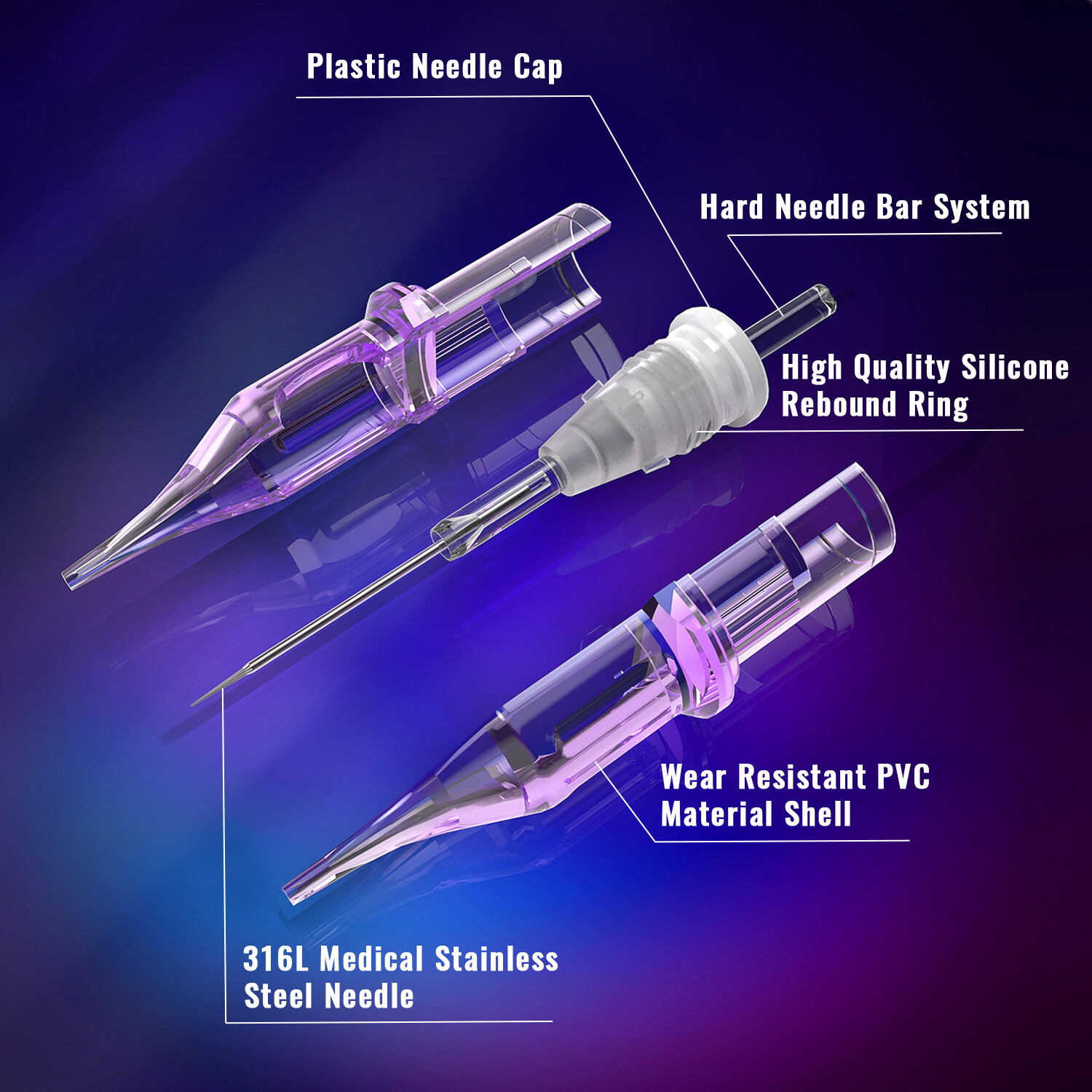 50Pcs Purple Mixed Tattoo Cartridge Needles Round Liner Set for Tattoo Machine