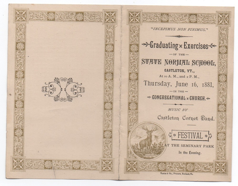 1881 Program from the Graduation of the State Normal School Castleton VT
