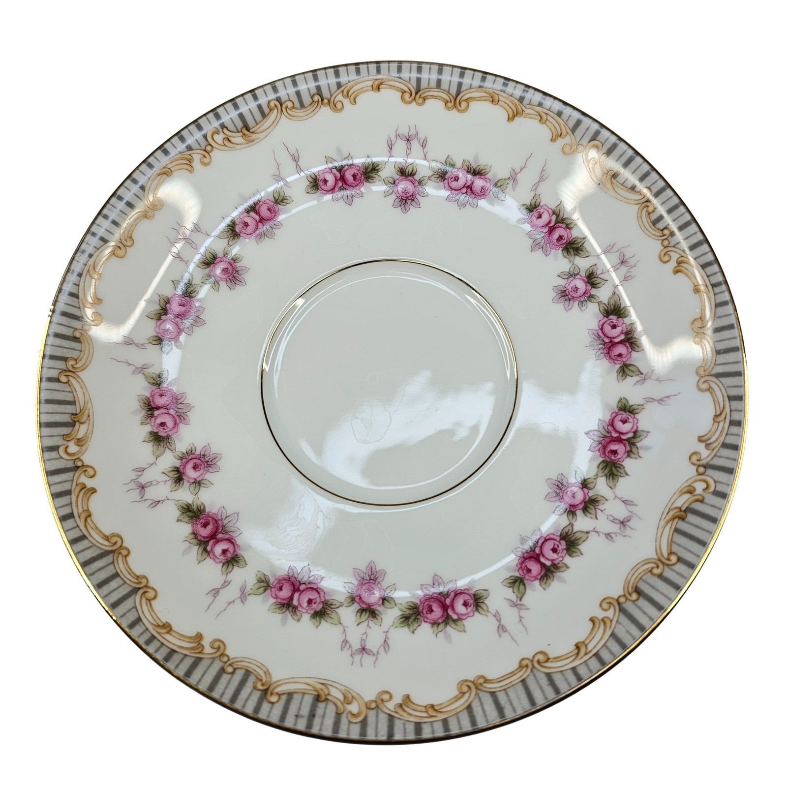 Vintage Noritake China Ridgewood Saucer, Pink Rose Garland, Gold Accent