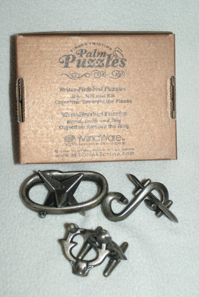 (3) Mindware Finger Twisting Brass Palm Puzzles- Used/VG - Desktop Game