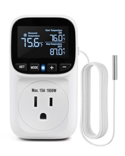 Digital Temperature Controller, Heating & Cooling Thermostat Plug Outlet, White