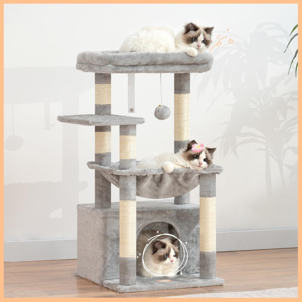 Cat Tree, Kitten Tower with Large Soft Cat Basket, Cat Condo with Spacious Ca...
