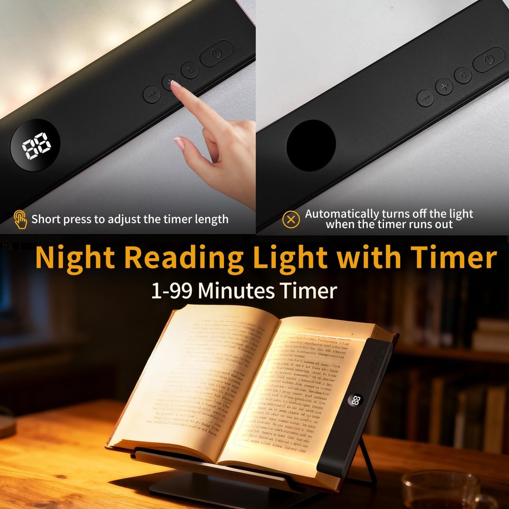 Book Light Rechargeable LED Flat Reading Bed 3 Colors Timer Panel Plate Lamp