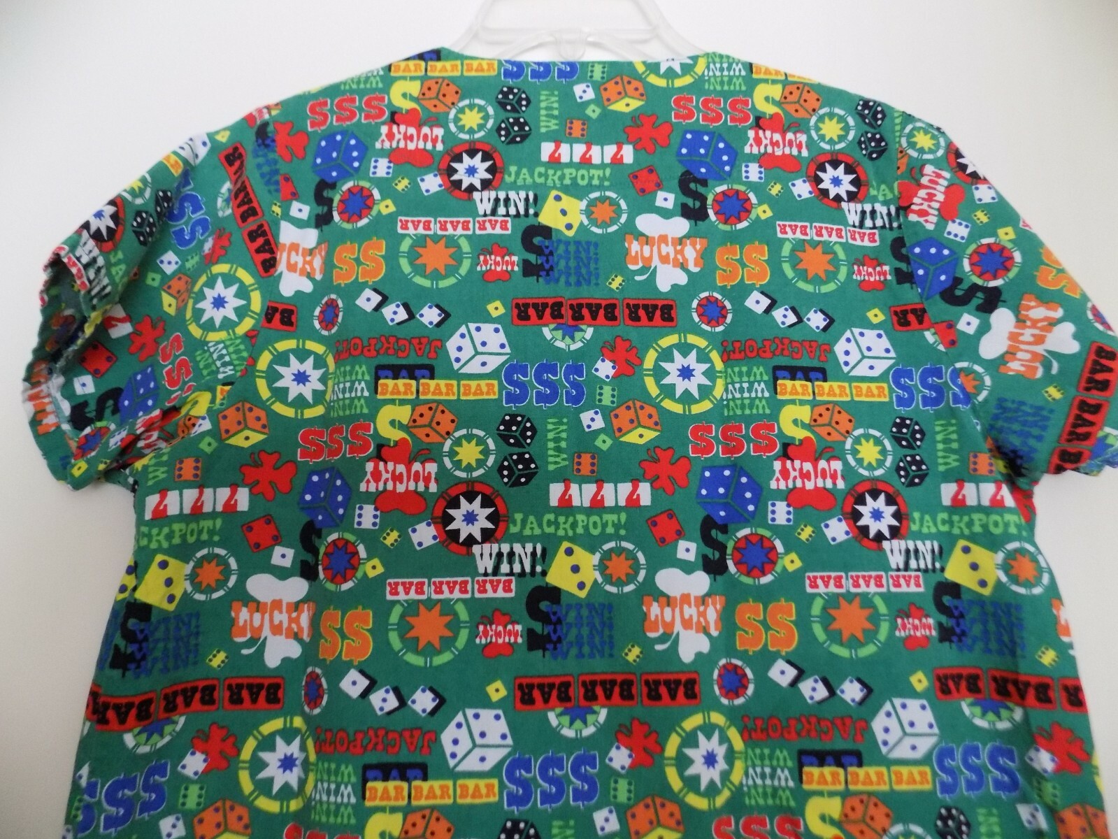 Scrub Top Womens Small Gambling Theme V Neck 2 Pocket Dice Poker Chips Slots