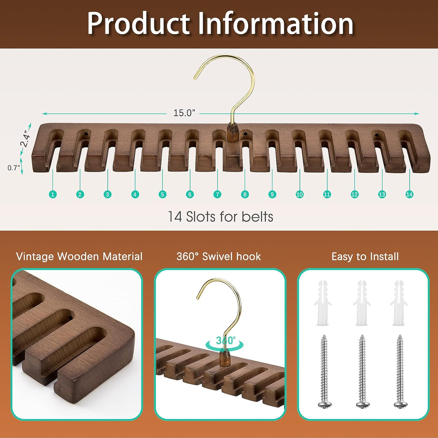 Wooden Belt Rack for Closet Wall Mount, Sturdy Belt Hanger Organizer Holds 14 Be