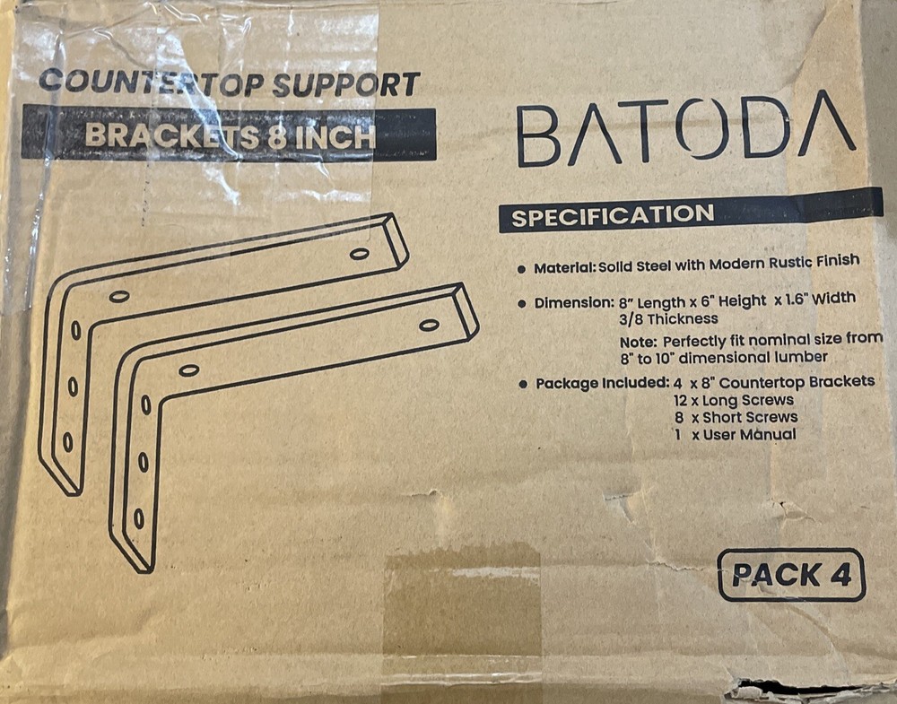 BATODA 8” Countertop Support Brackets for Granite (4 pcs) - 8Inch, Black