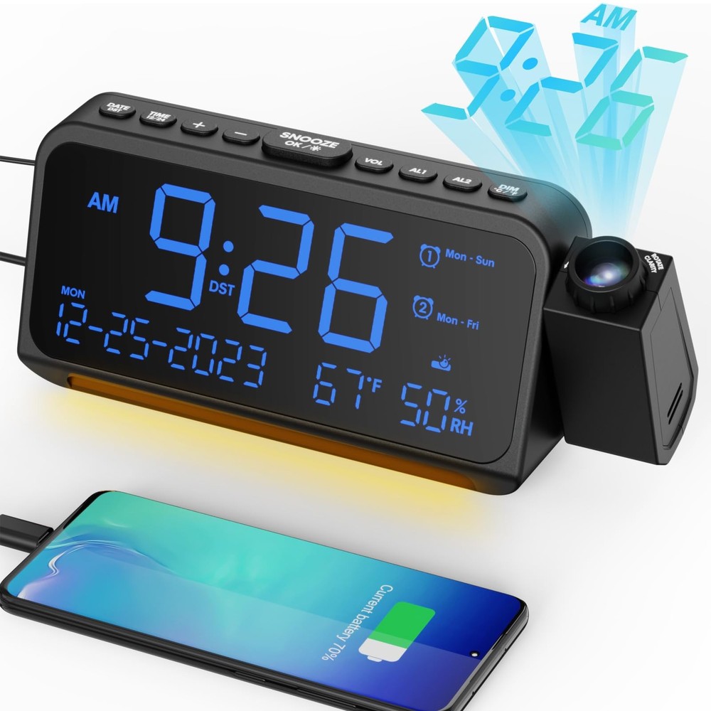 Projection Alarm Clock for Bedroom Ceiling, Digital Clock Projector with Week...