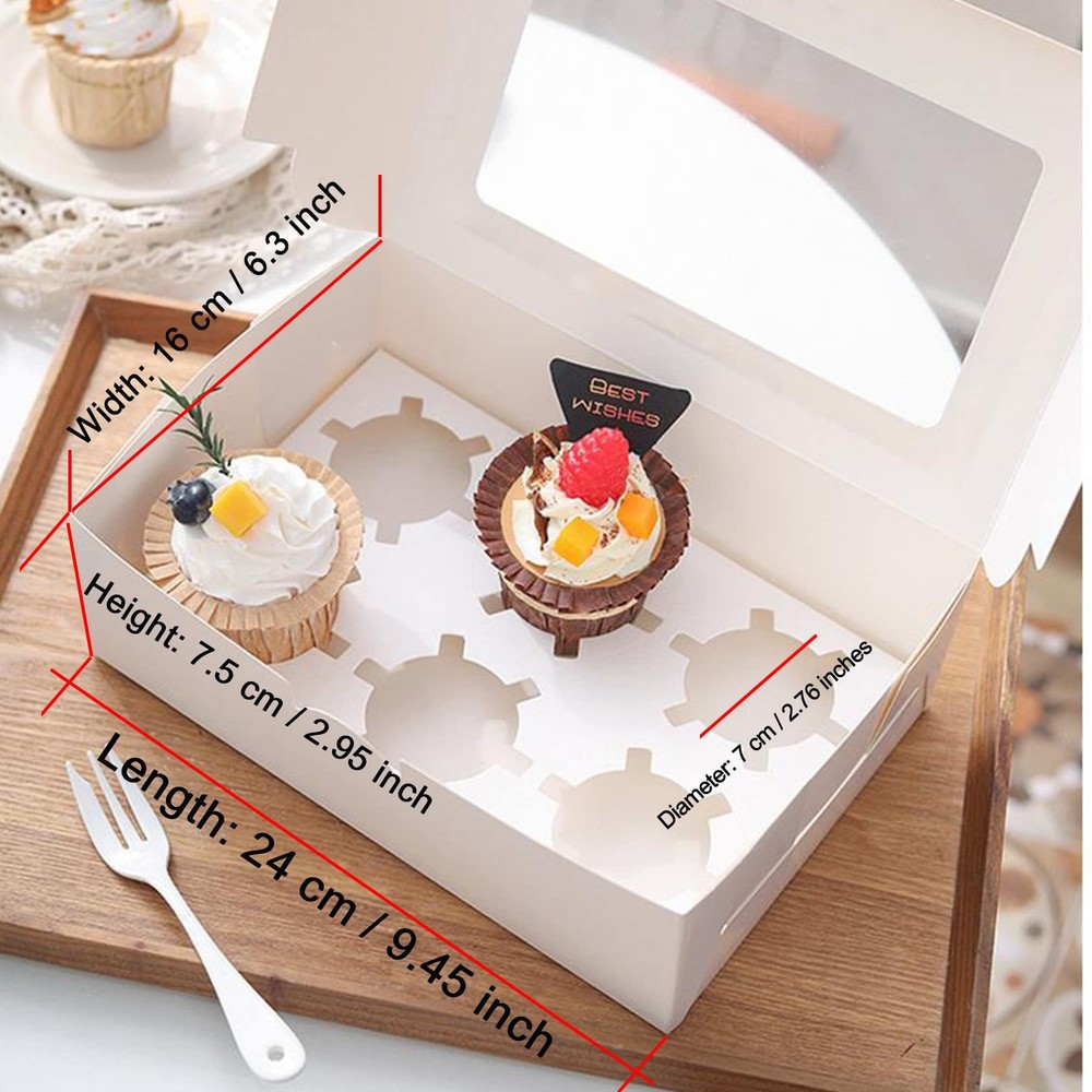 20 PCS Cupcake Boxes 6 Count Window Adjustable Insert Bakery Carrier White