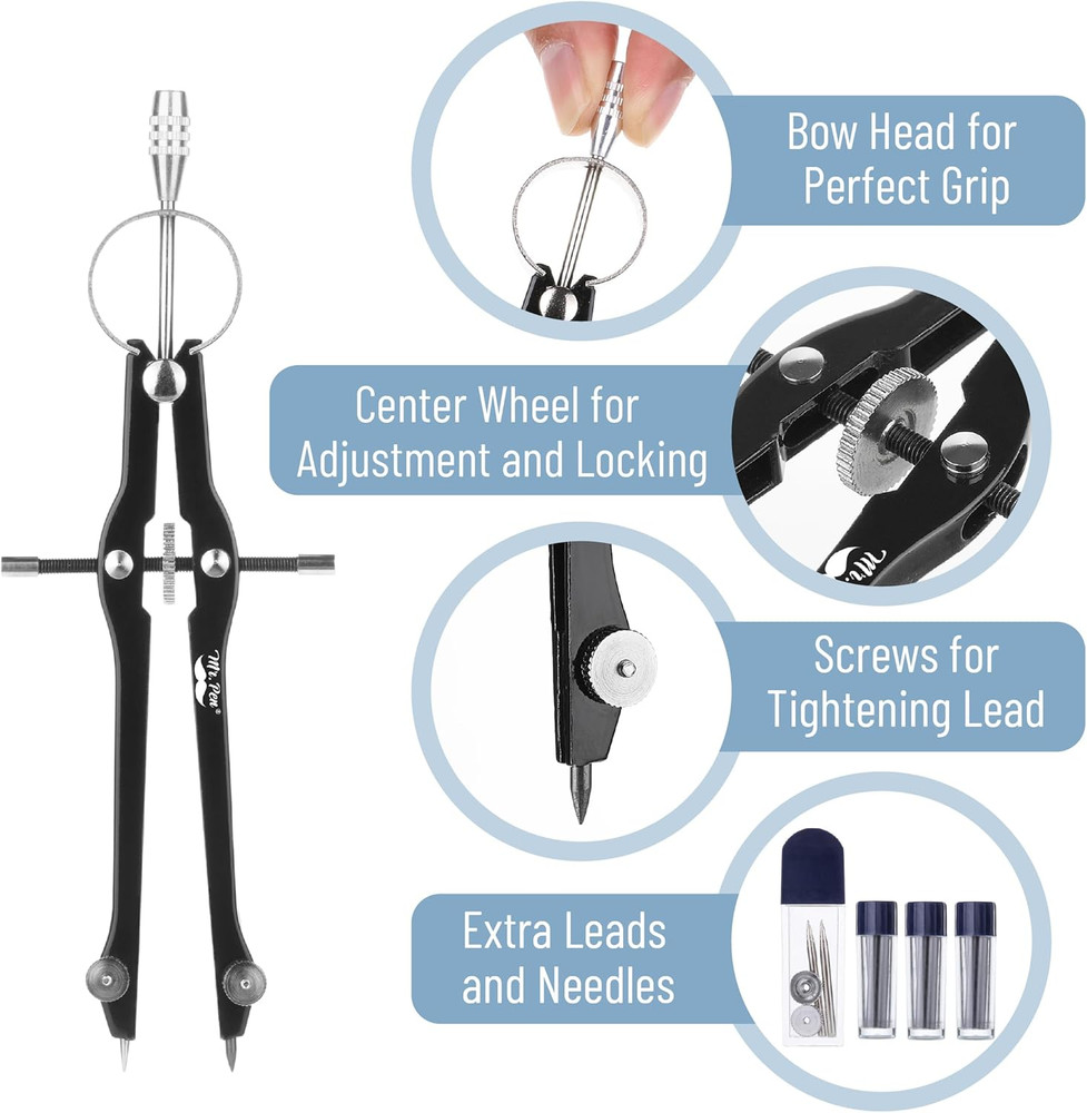 Mr. Pen- Professional Compass with Lock, Black, Compass for Geometry, Drafting C