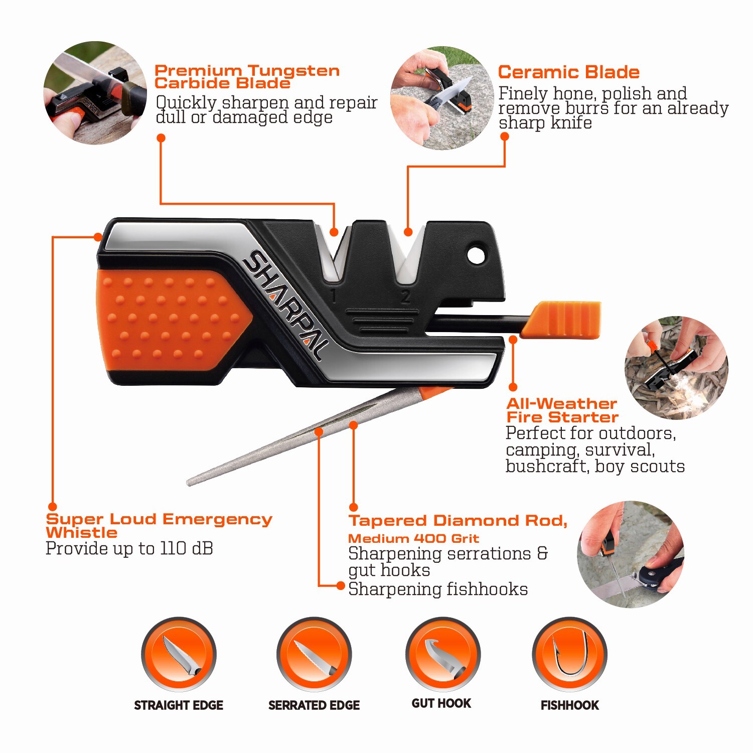 SHARPAL 6-In-1 Pocket Knife Sharpener&Survival Tool, with Fire Starter, Whistle