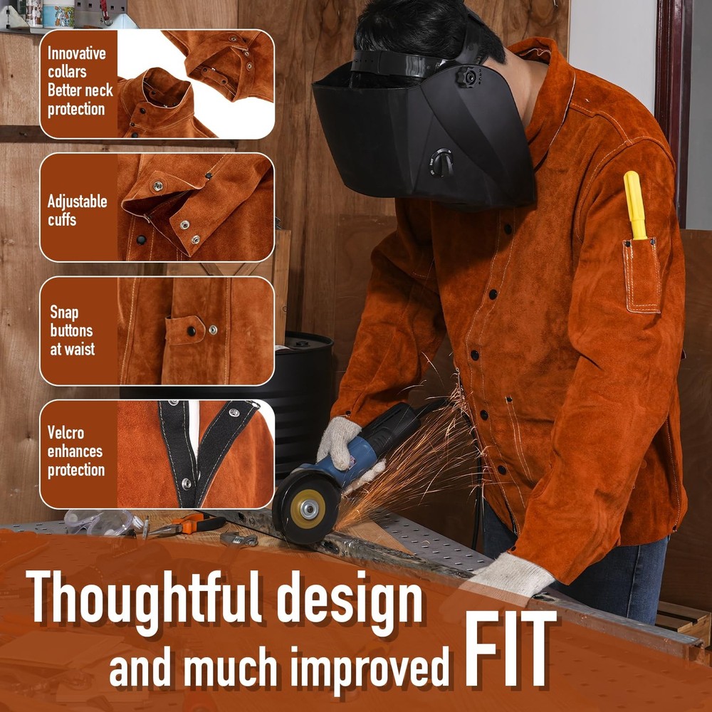 Leather Welding Work Jacket by QeeLink - Flame-Resistant Heavy Duty Split