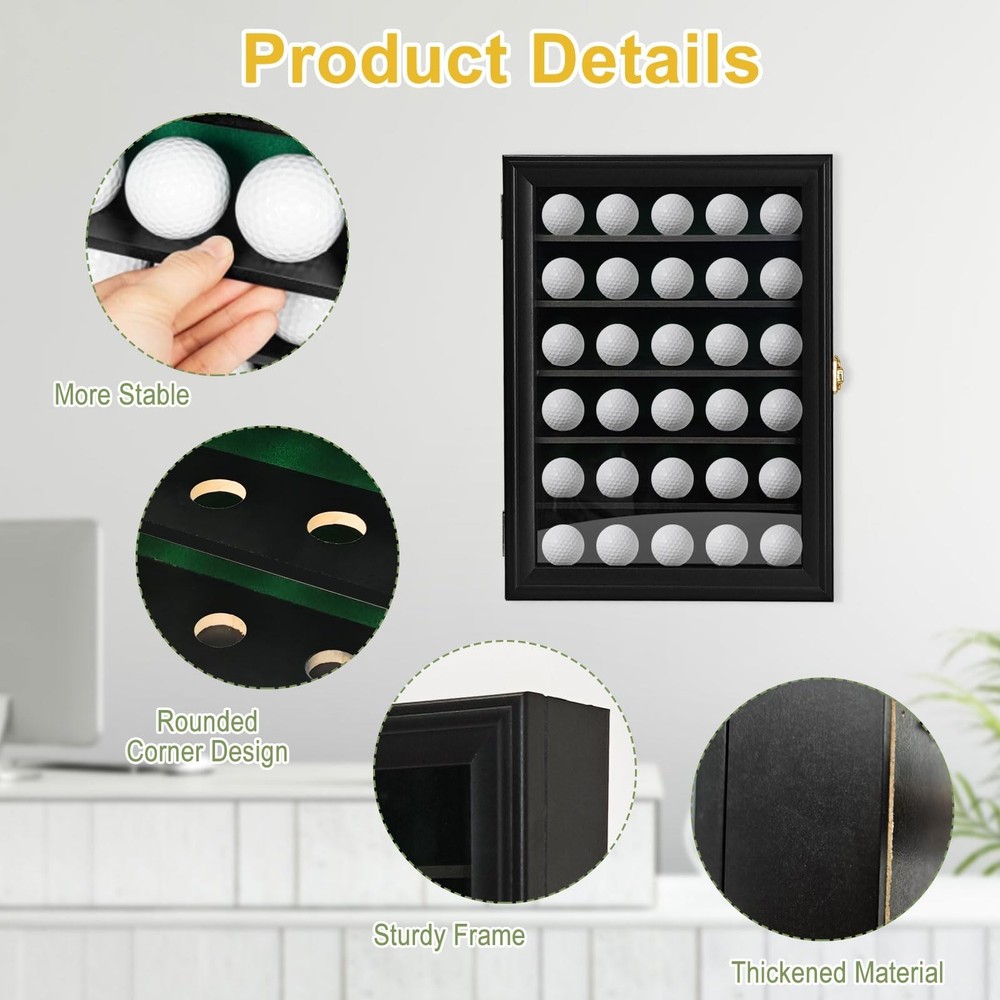 Golf Ball Display Case: Wall Mounted 30 Golf Ball Display Case Holder Solid W...