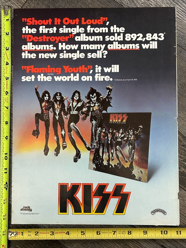 KISS Ad Advert Destroyer FLAMING YOUTH Single 1976 11x14 Vintage Kiss Aucoin