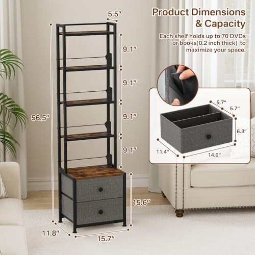 CD Storage Rack with Drawer, 5-Tier DVD Organizer Shelf w/Adjustable Book