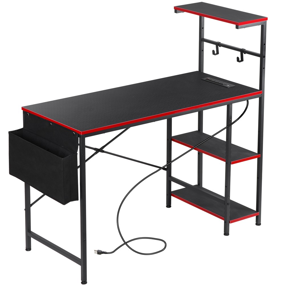 44" Computer Desk Rectangular Gaming Desk with LED Lights & Power Outlets Black