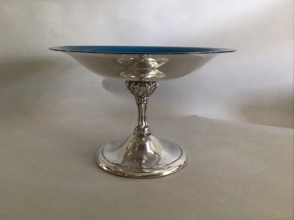 Reed & Barton Peacock Blue Enamel Silver Plate Stem Pedestal Compot Candy Bowl￼