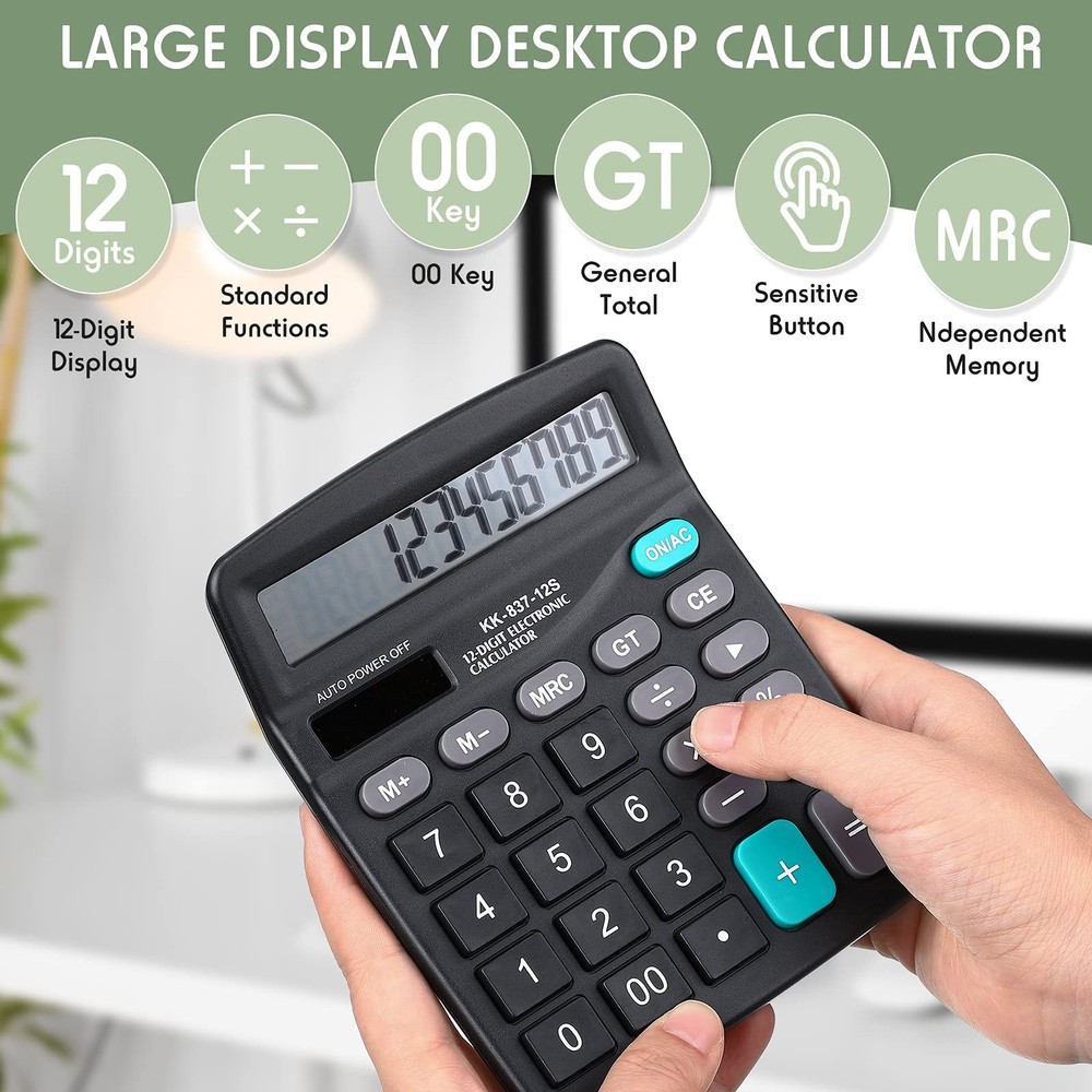 8 PCS Black 12-Digit Solar Basic Desktop Calculator Large Display Dual Power