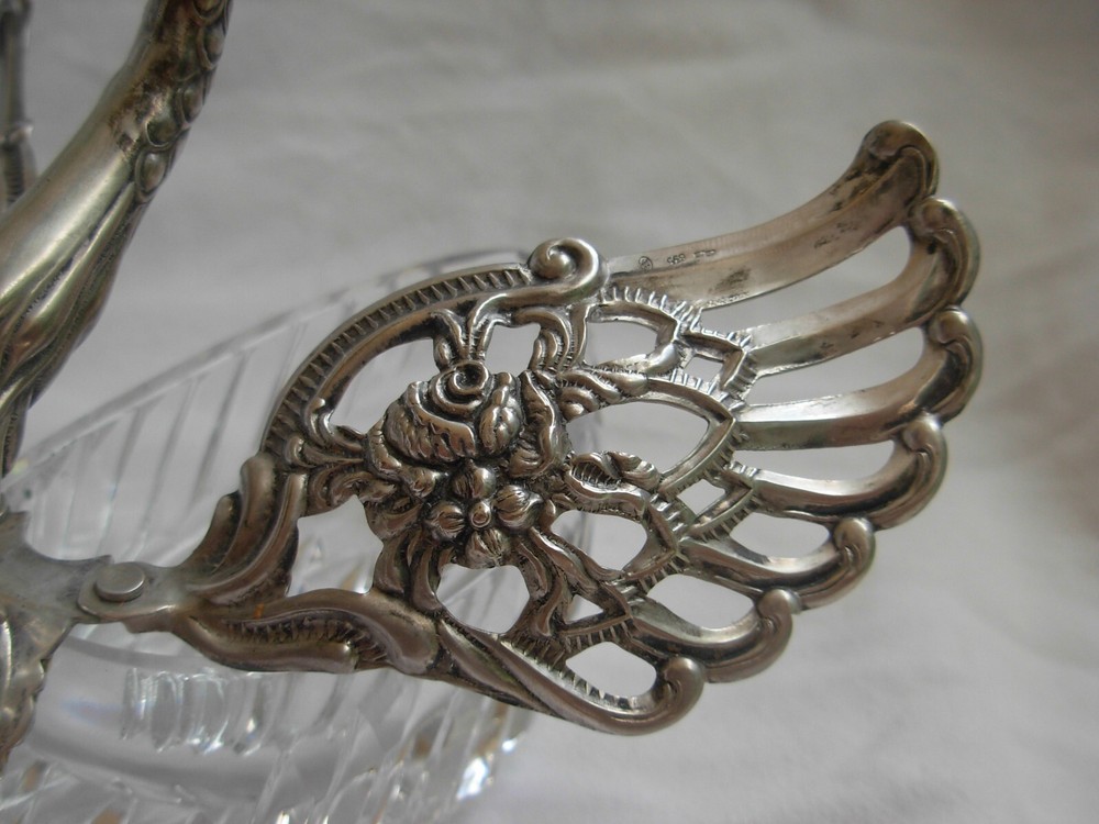 ANTIQUE SOLID SILVER CUT CRYSTAL SALT CELLAR,SWAN SHAPE,20th CENTURY.