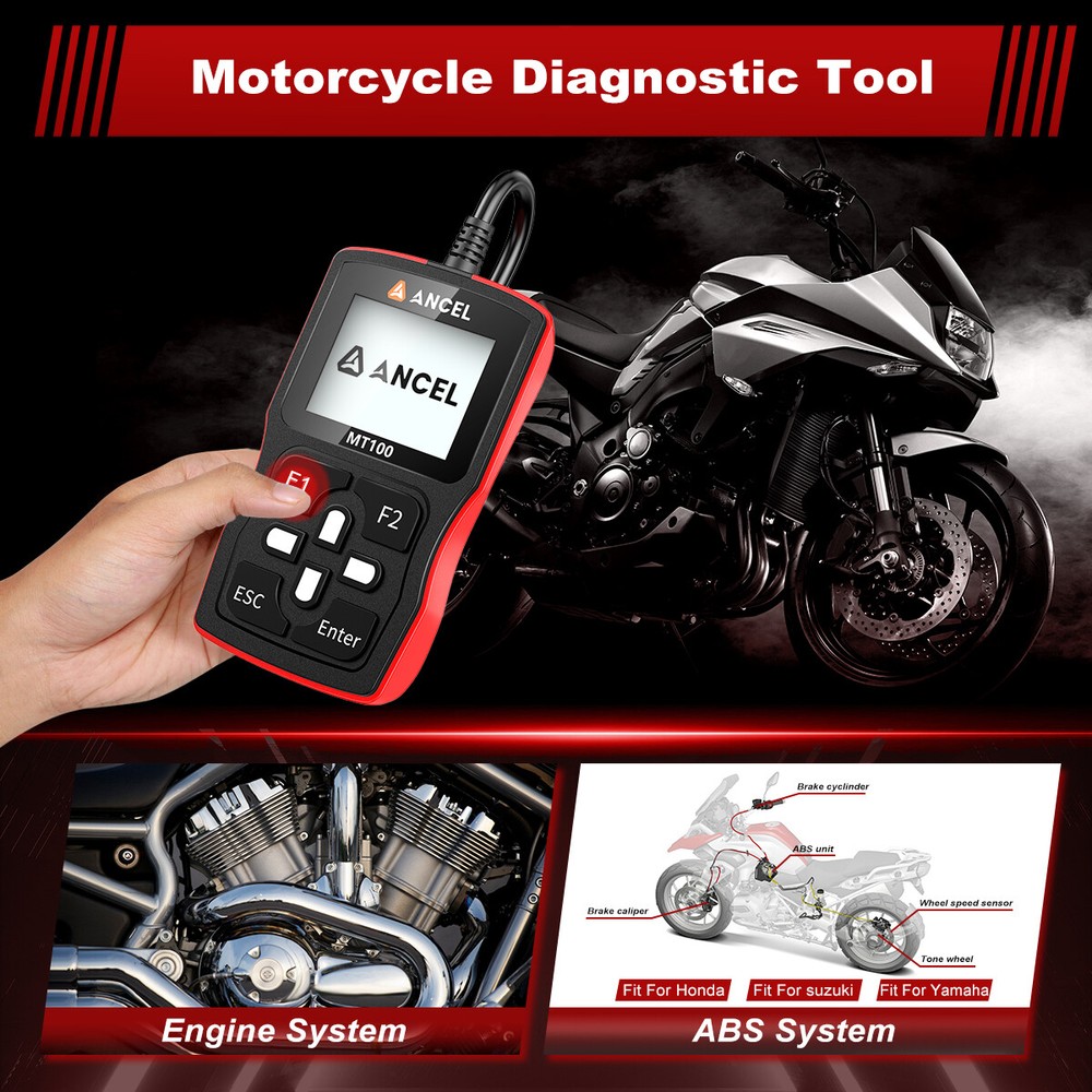Motorcycle Scanner OBD2 Code Reader Engine ABS Diagnostic Tool w/ Adapter Cables