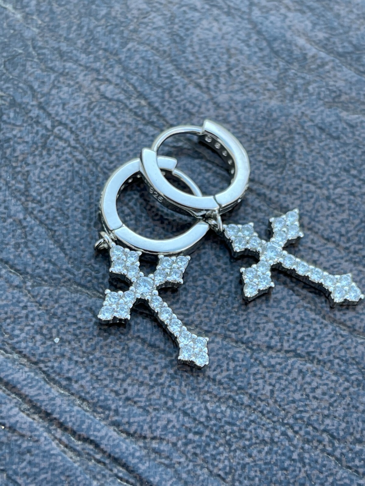 Real 925 Sterling Silver Men's Ladies Dangle Cross Studs Earrings Iced Hip Hop