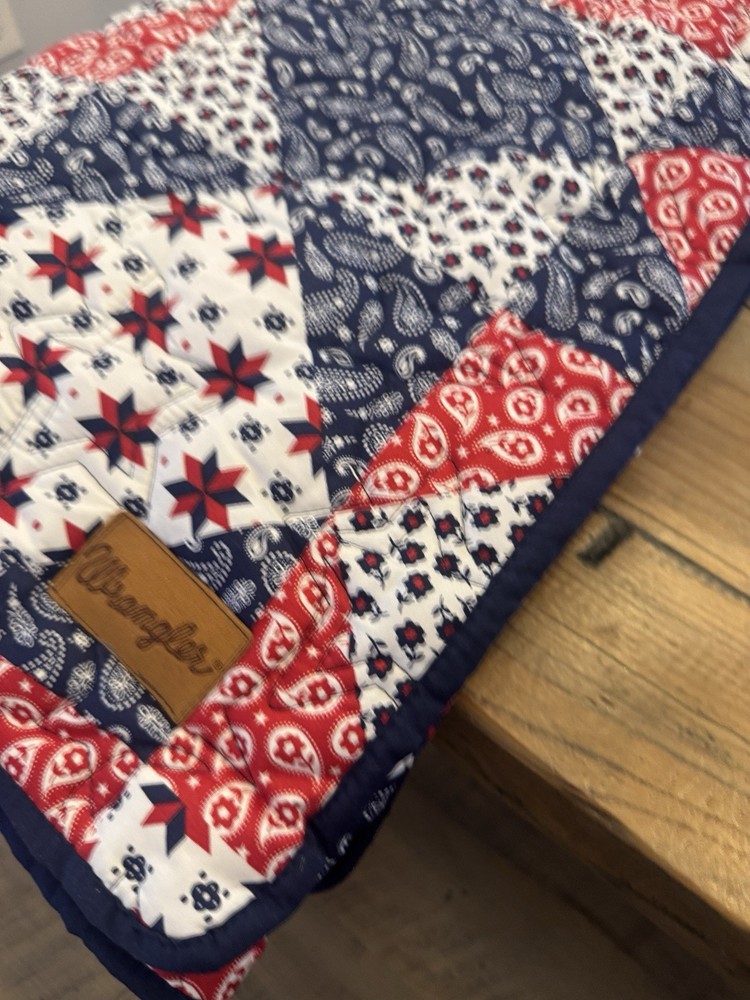 Wrangler patchwork quilt throw patriotic red white blue blanket