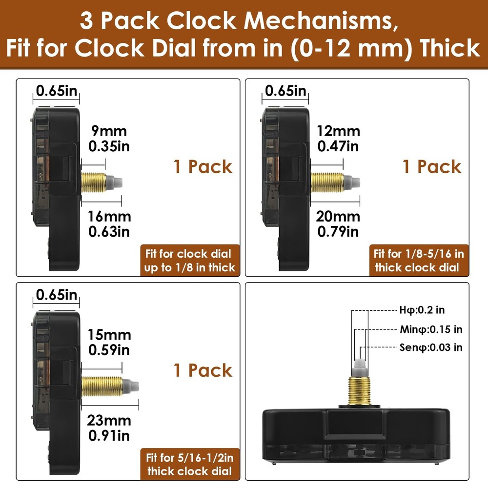 3PCS Clock Mechanism Kit, Quartz Movement Replacement with 8 Black
