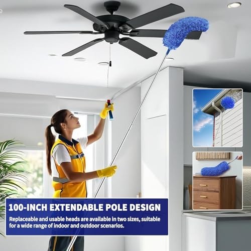 Extendable Cobweb Duster Set - Washable Cleaning Tool with 2 Heads for High Ceil