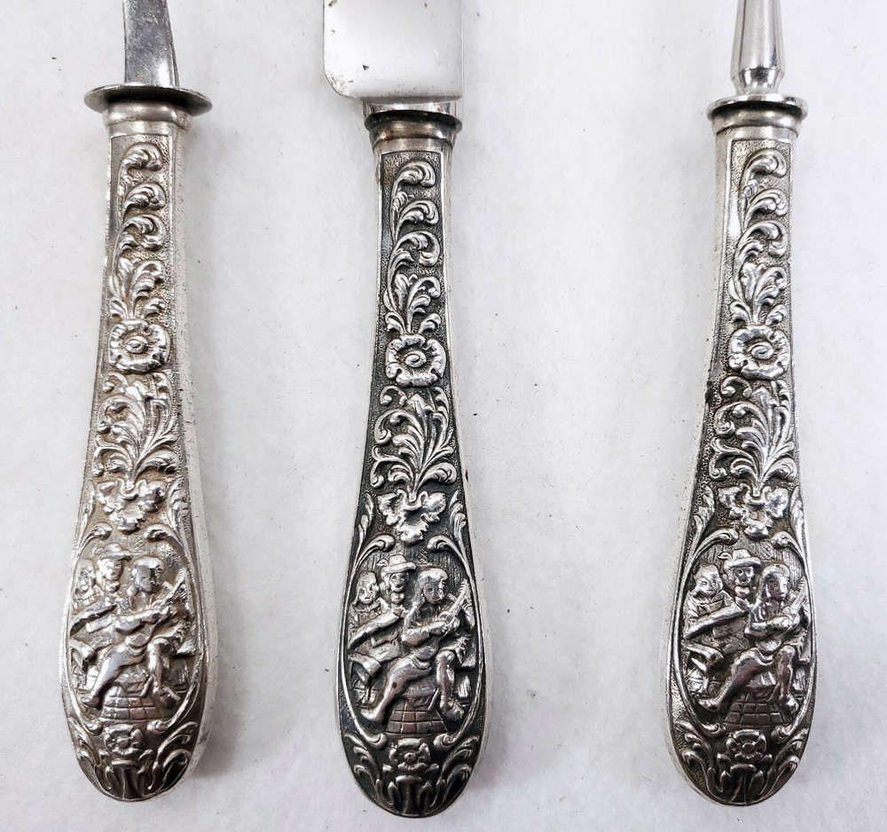 3 Antique Dutch .90 Silver Handled Repousse' Serving Pieces